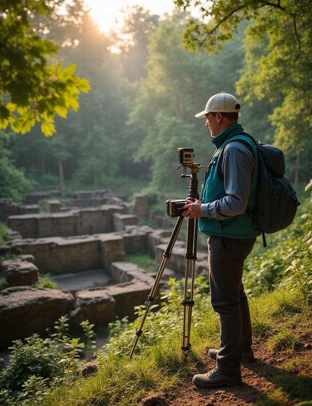 Ancient stone ruins integrated into a lush green landscape under professional survey