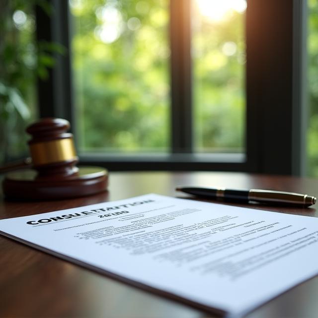 Close-up of legal paper and a wooden gavel on a desk with a view of greenery