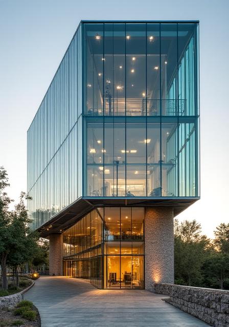 A modern glass building seamlessly integrated with an ancient stone foundation