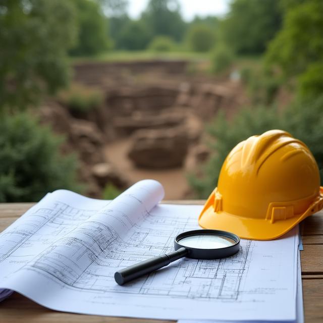 Close up of architectural plans on an environmental restoration site