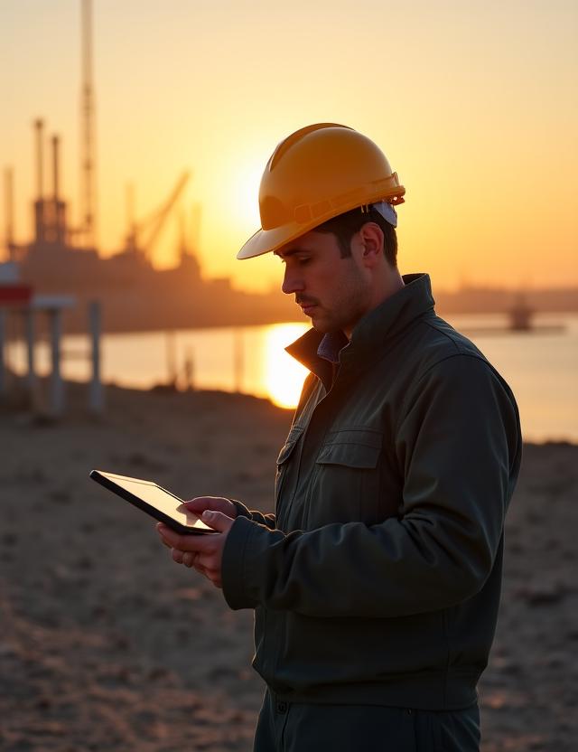 Consultant performing environmental soil testing at a coastal industrial site